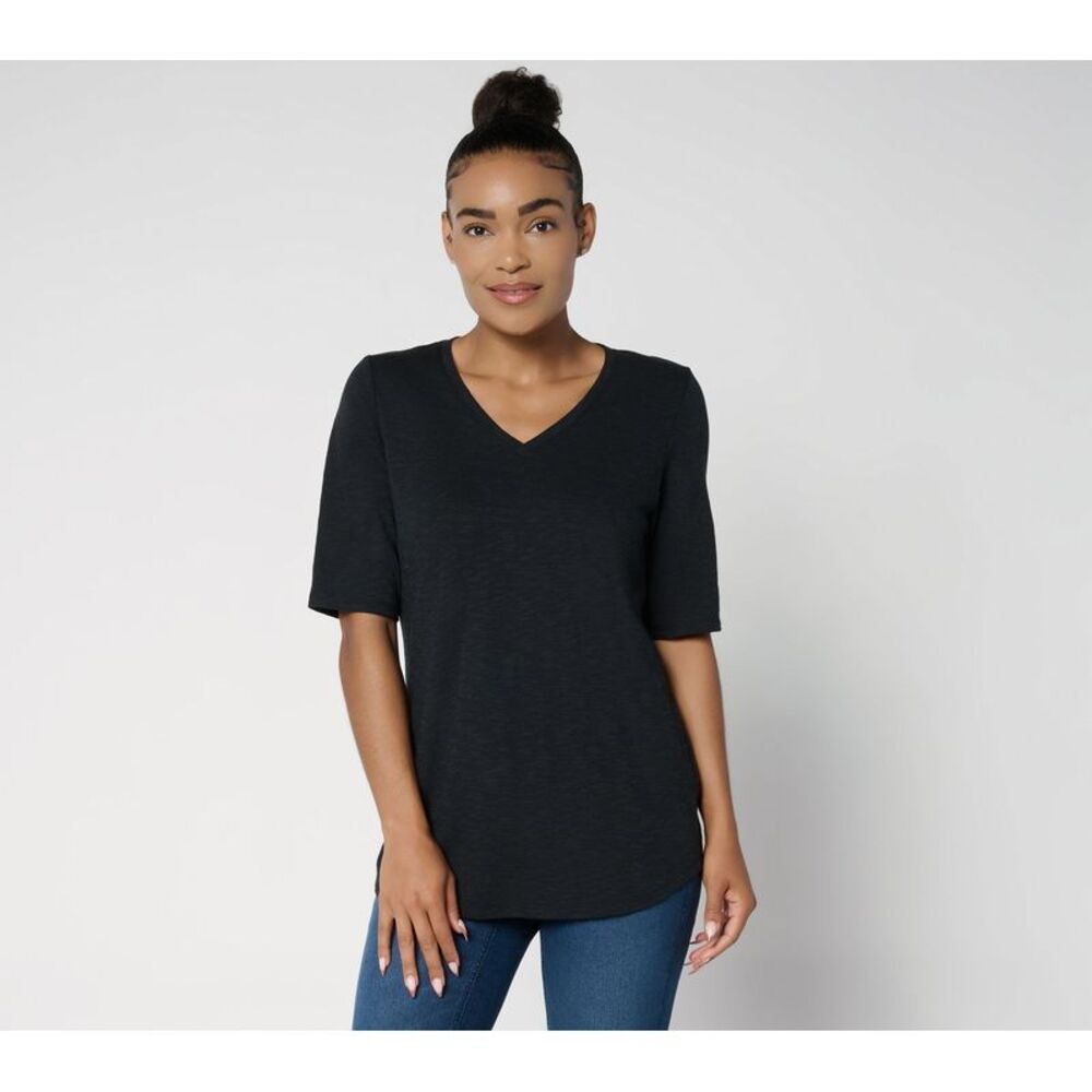 Denim & Co. Women's Top Sz 2XS (XXS) Essentials Slub Jersey Elbow Black A694667